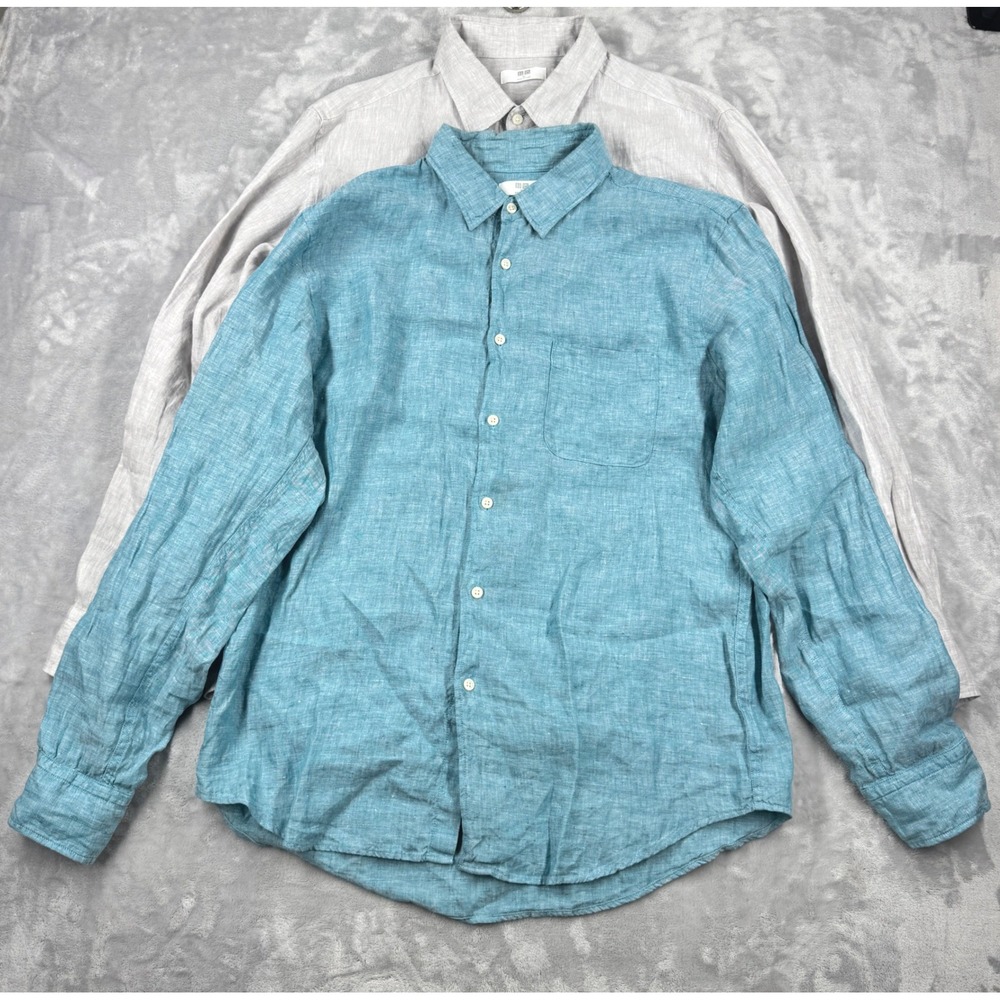 UNIQLO Premium Linen Button Down Shirt Men XL Gray Teal Blue Lot 2 Long Sleeve